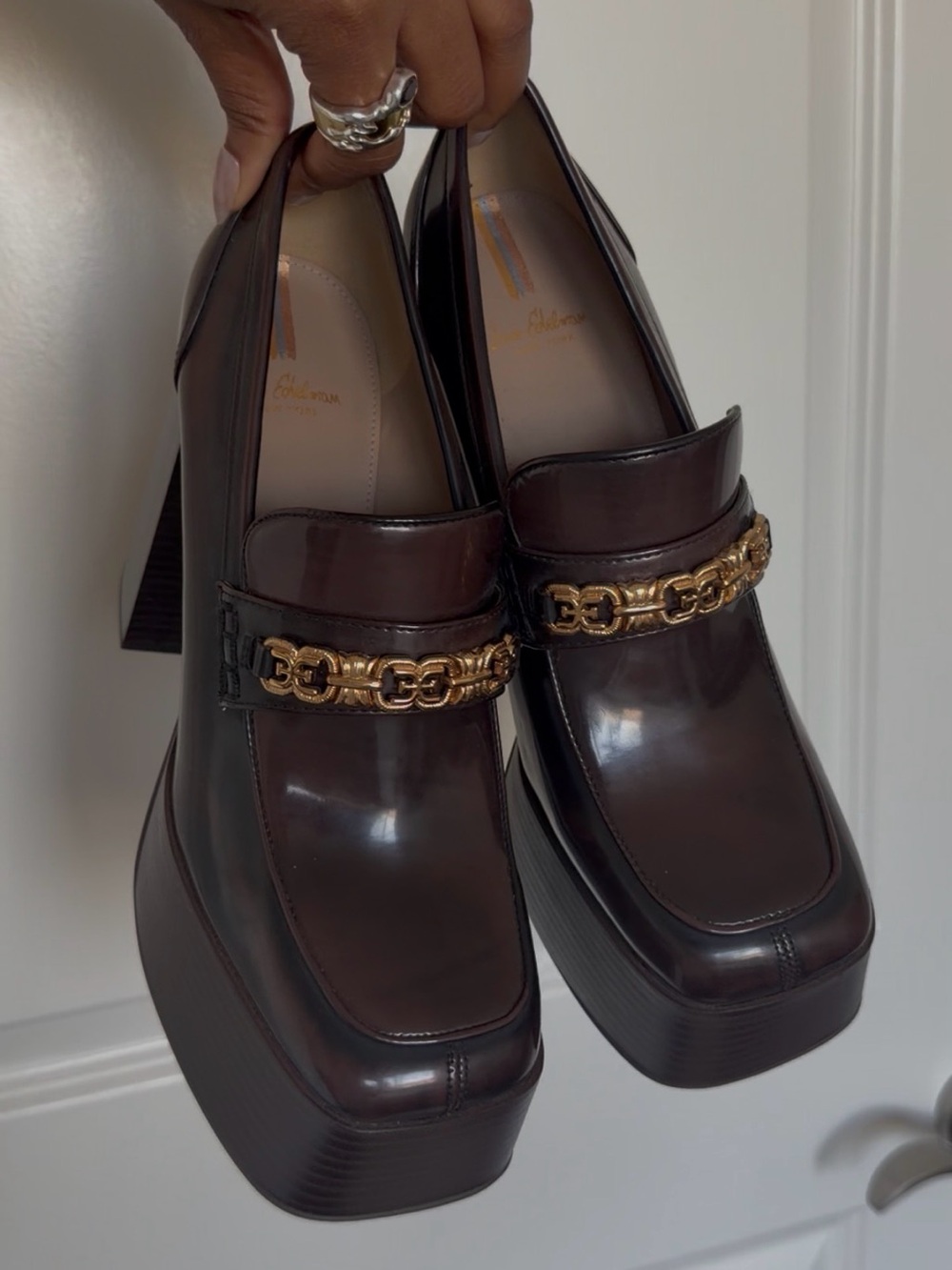 Sam Edelman Dark Brown Platform Loafer Heels with Gold Chain - Picture 4 of 4